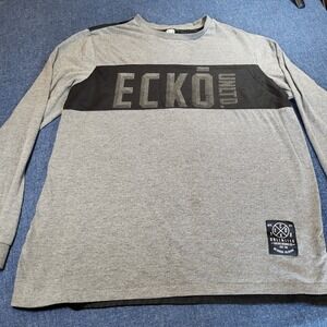 Ecko Unltd Mens L Long Sleeve Shirt Gray Black Mesh Graphic Logo Tee Streetwear